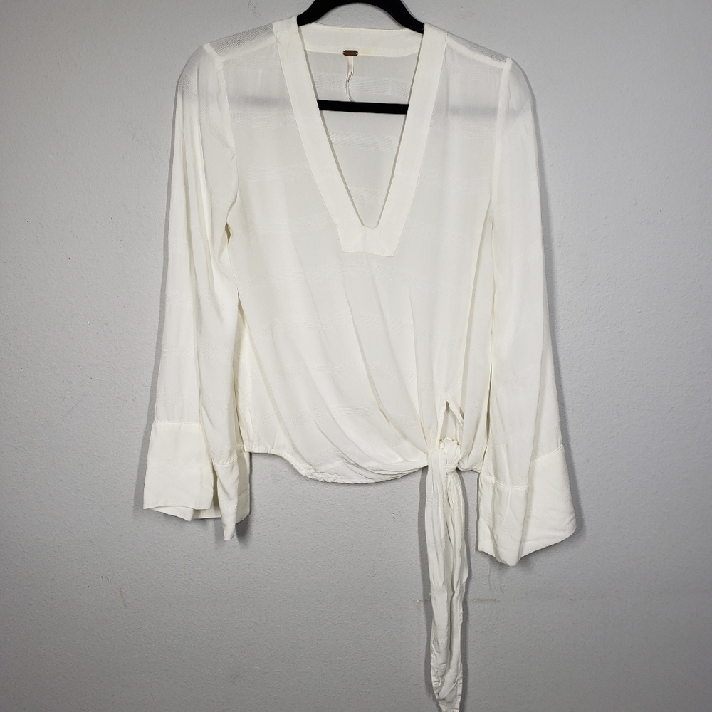 Free People White Faux Wrap Tie-front Top Wide Sleeve Rayon Size XS